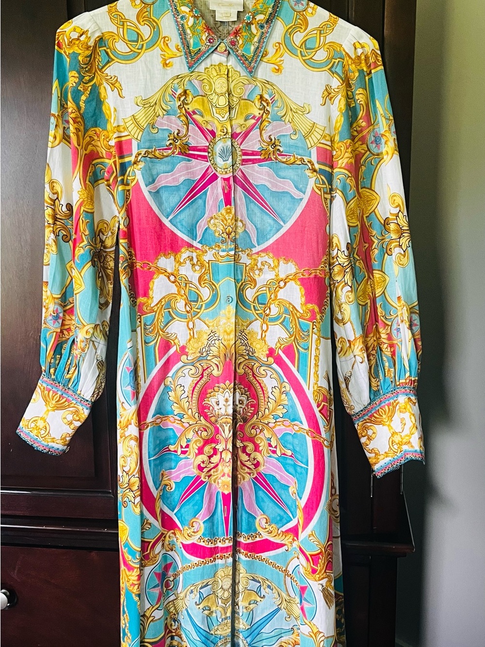 Camilla Turquoise, Pink & Gold Baroque-Print Button-Front Maxi